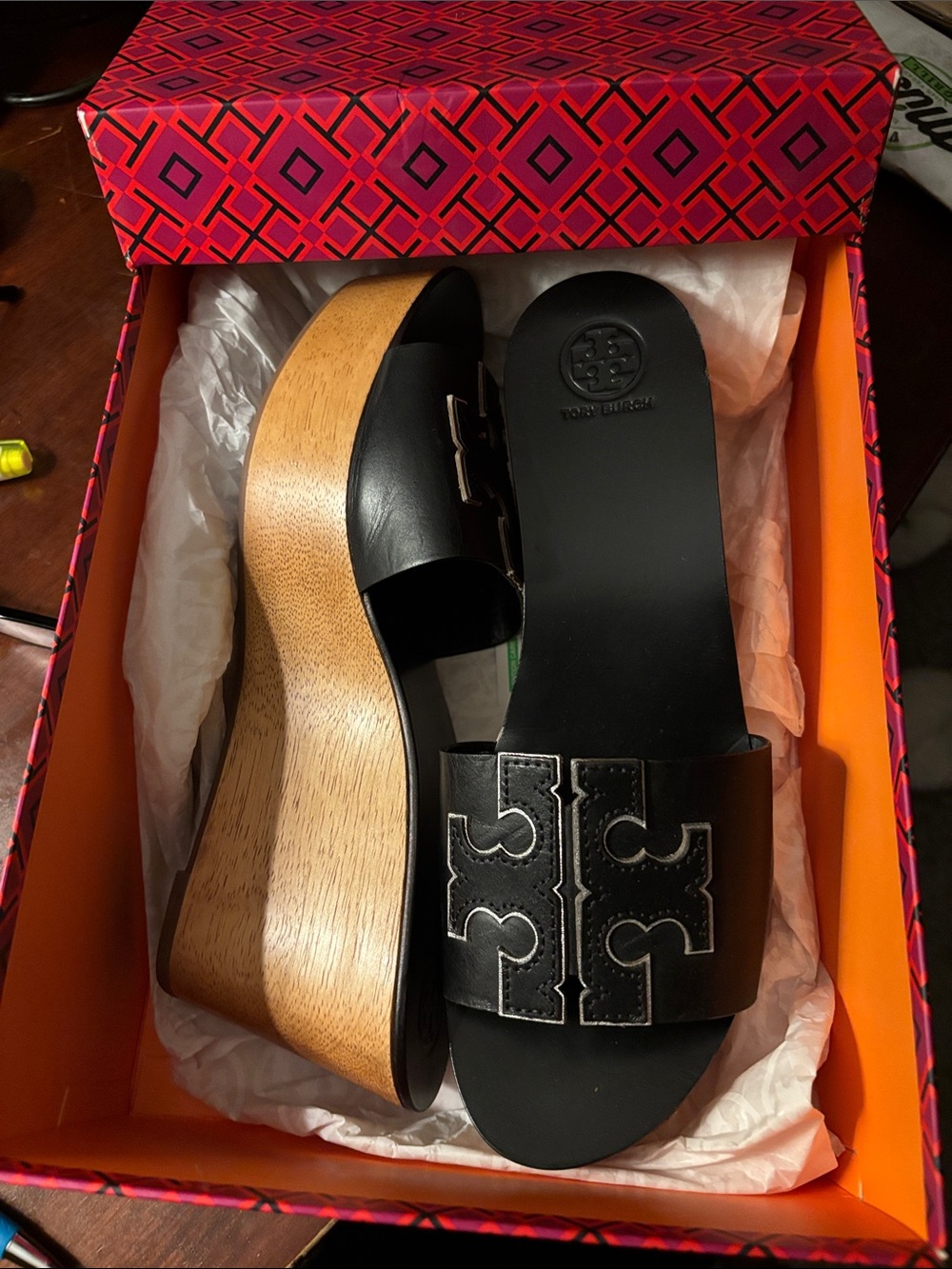Tory Burch Black Leather Wedge Slide Sandals with Wood-Effect Platform